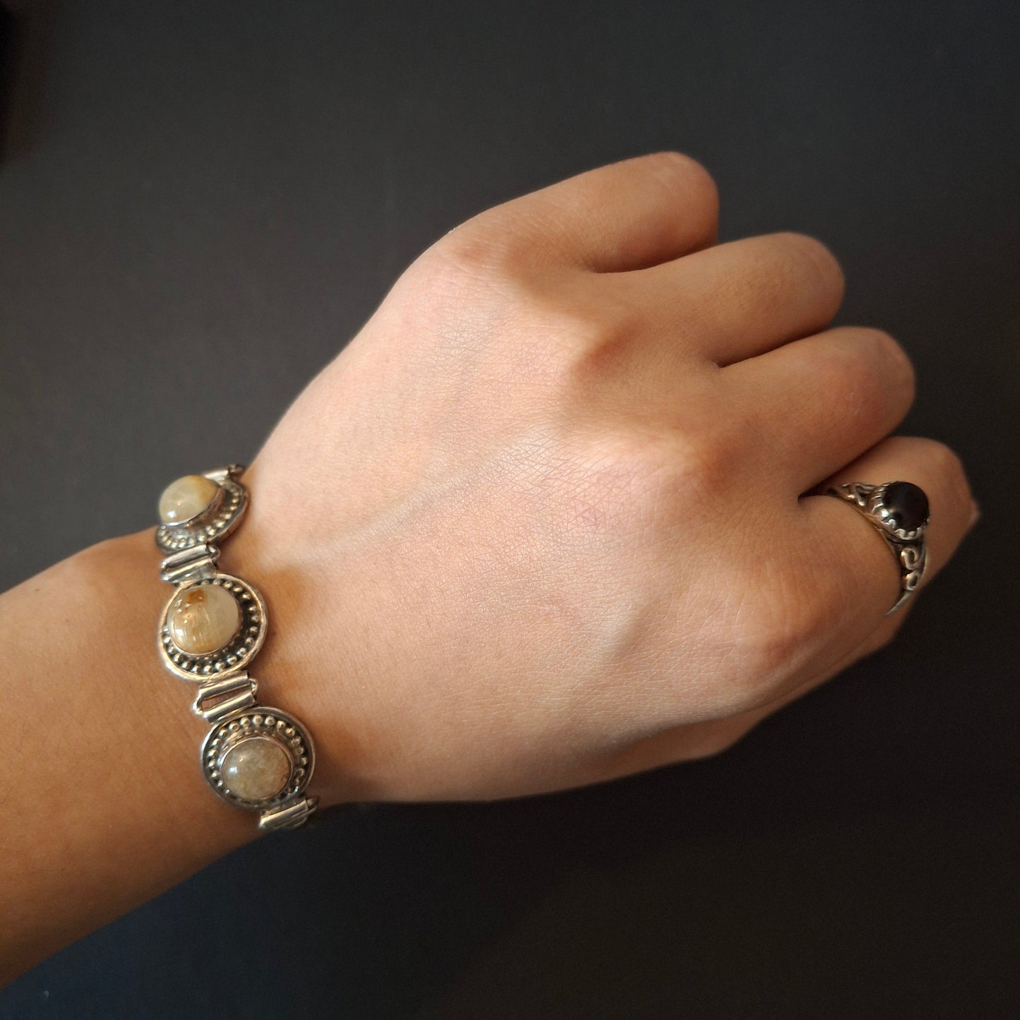 Vintage Artisan 925 Sterling Silver Three-Stone Golden Rutilated Quartz Link Bracelet