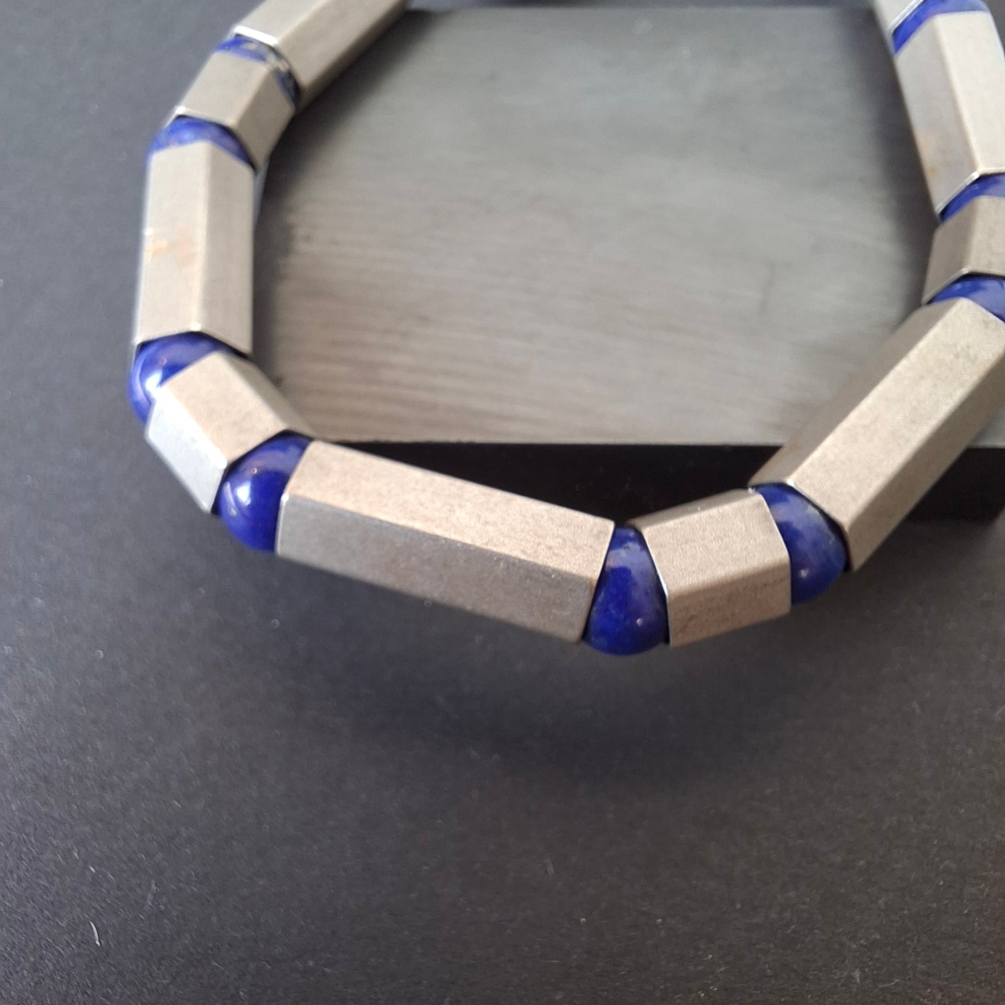 Modernist 925 Silver & Lapis Lazuli Geometric Bead Bracelet