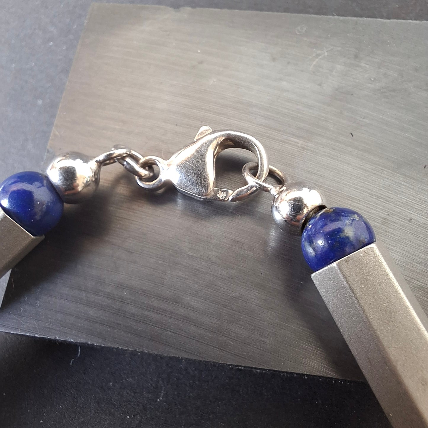 Modernist 925 Silver & Lapis Lazuli Geometric Bead Bracelet