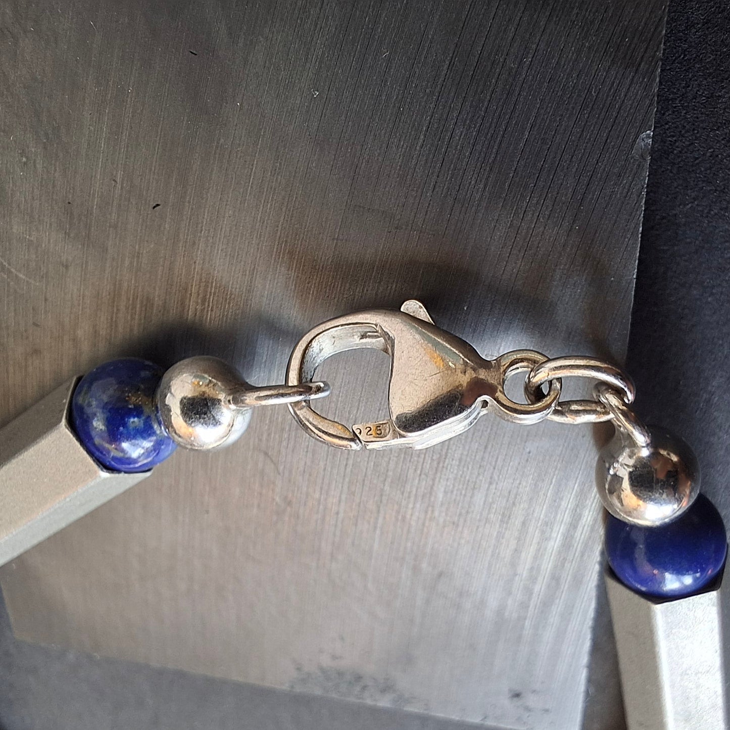 Modernist 925 Silver & Lapis Lazuli Geometric Bead Bracelet