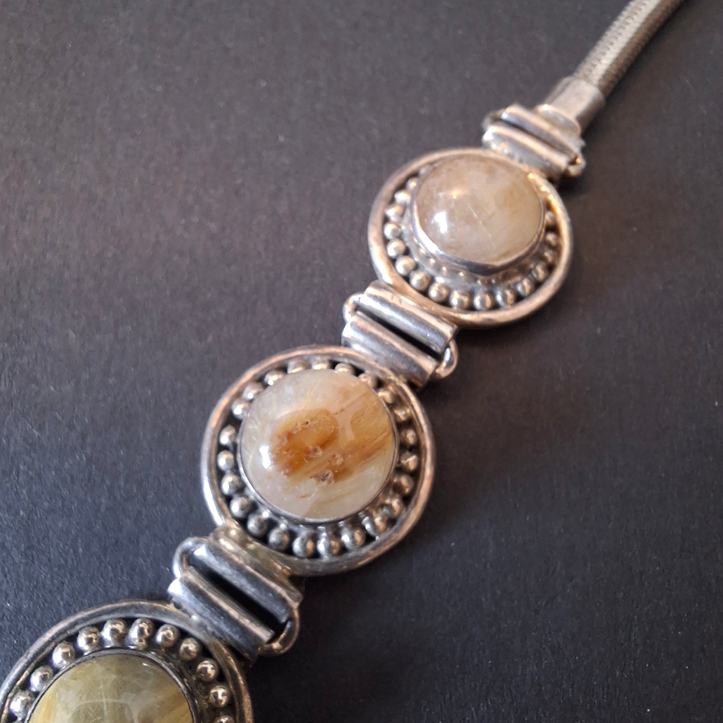 Vintage Artisan 925 Sterling Silver Three-Stone Golden Rutilated Quartz Link Bracelet
