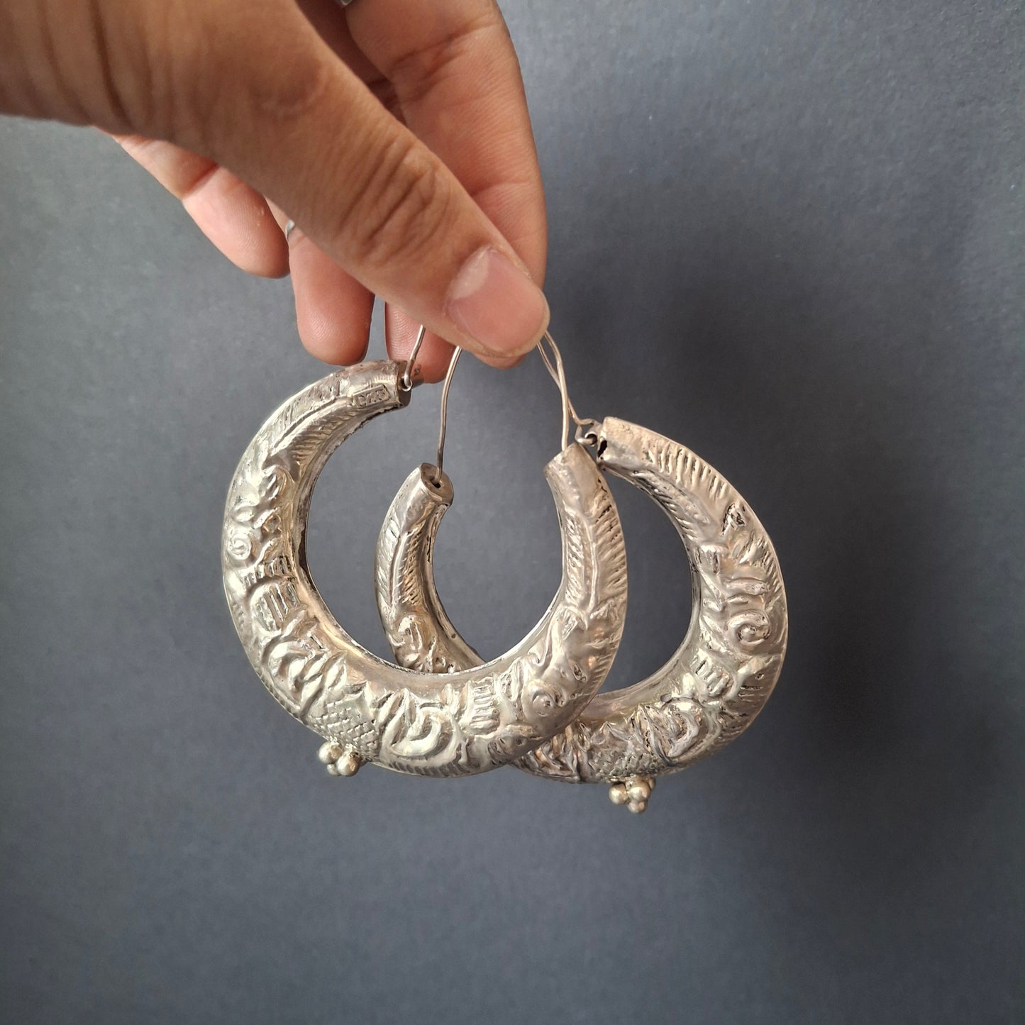 Vintage Mexican Sterling Silver Arracada Hoop Earrings