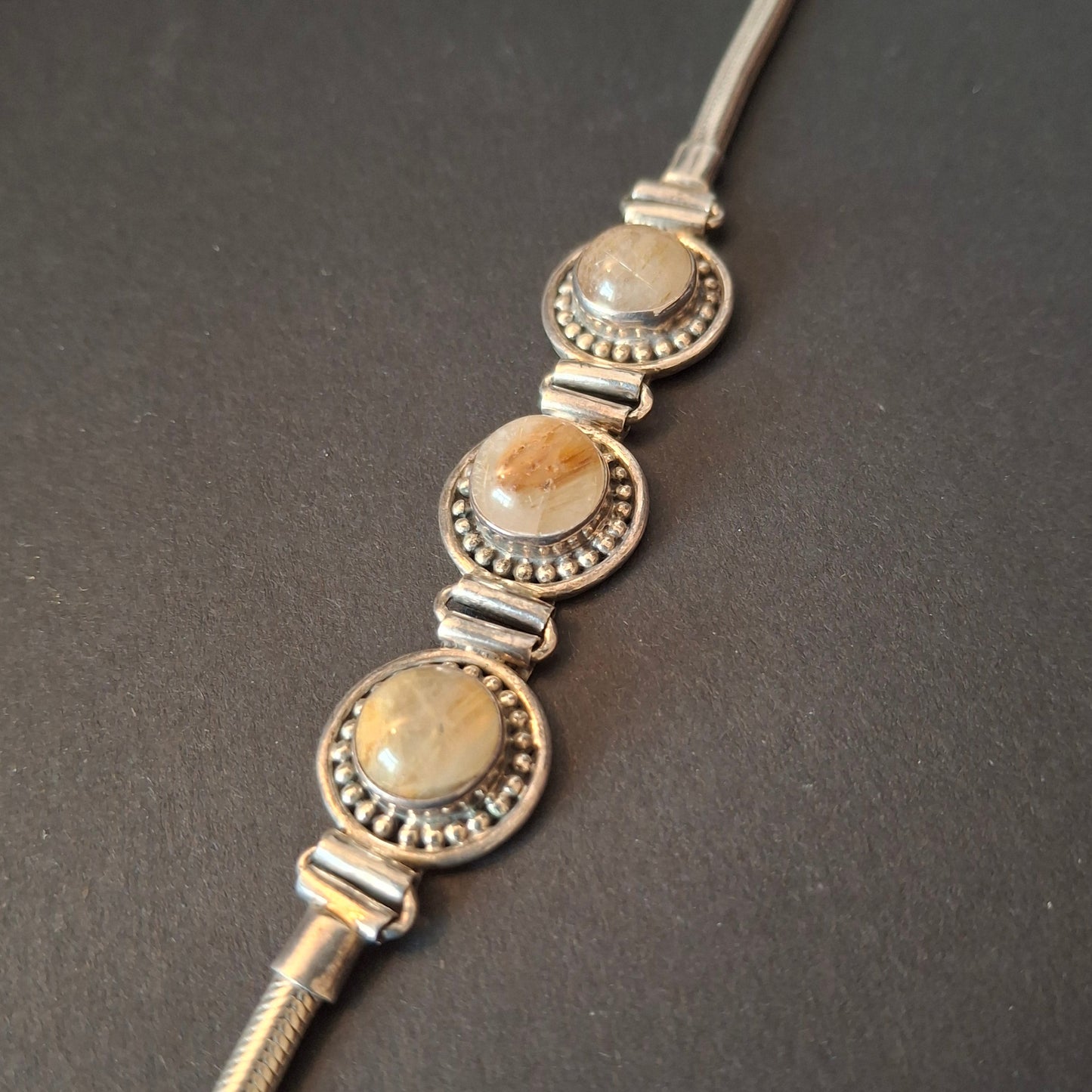 Vintage Artisan 925 Sterling Silver Three-Stone Golden Rutilated Quartz Link Bracelet