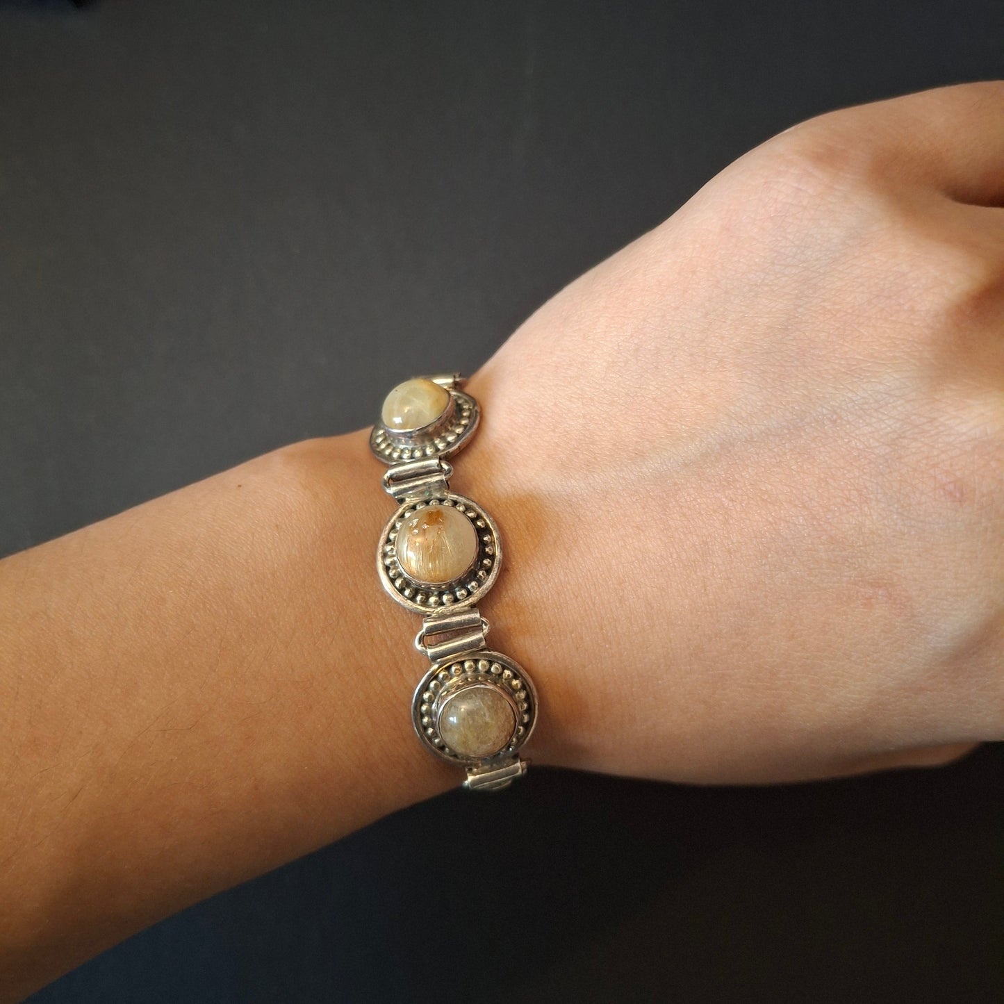 Vintage Artisan 925 Sterling Silver Three-Stone Golden Rutilated Quartz Link Bracelet