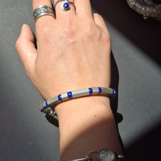 Modernist 925 Silver & Lapis Lazuli Geometric Bead Bracelet